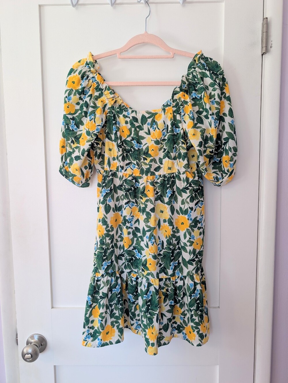 Yellow Floral Puff-Sleeve Women’s Dress